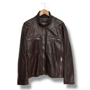 Andrew Marc Chocolate Brown Leather Moto Jacket Men’s Large Quilted Lining